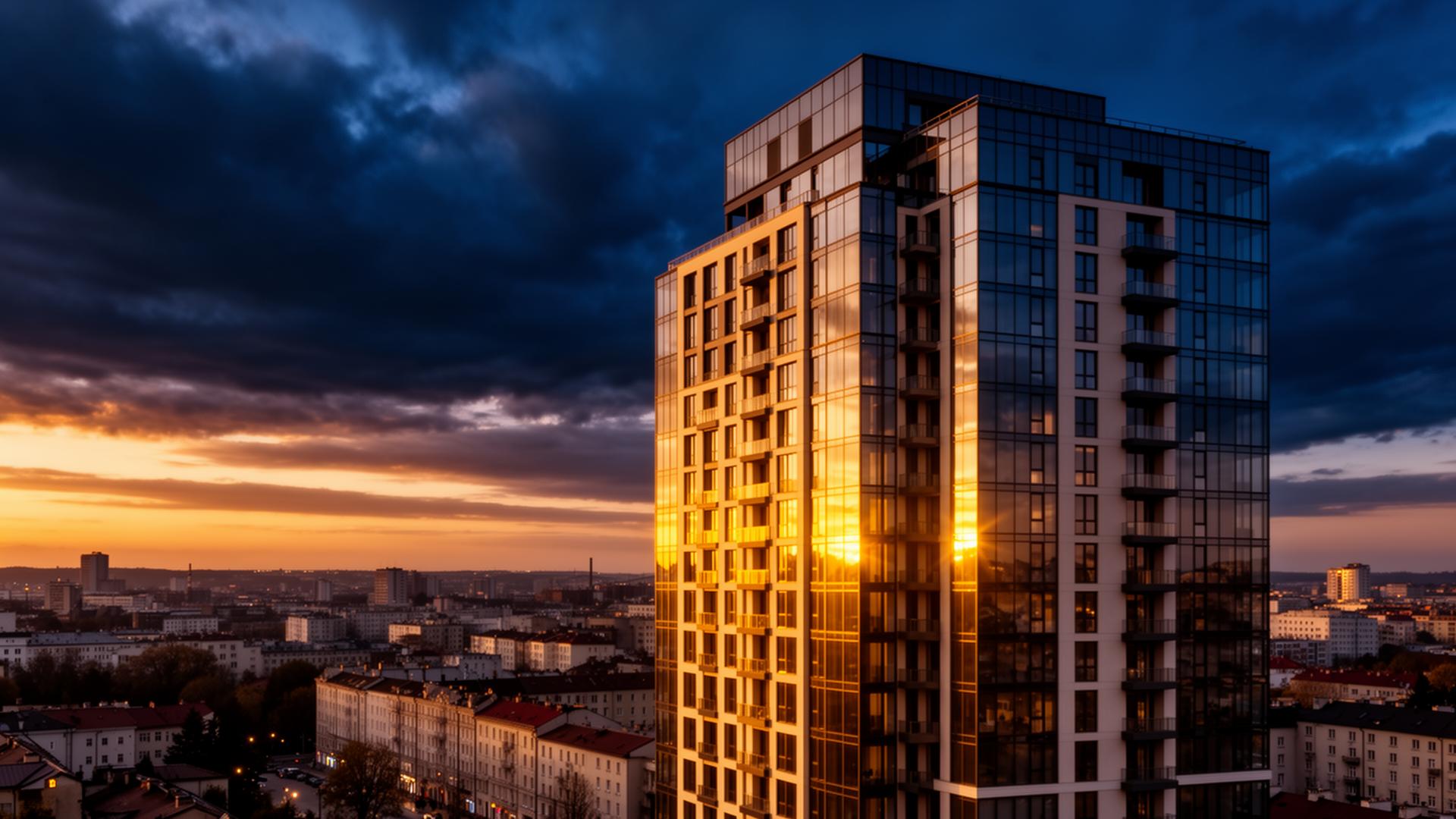 ATAL SKY+ wieżowiec w Katowicach o zachodzie słońca